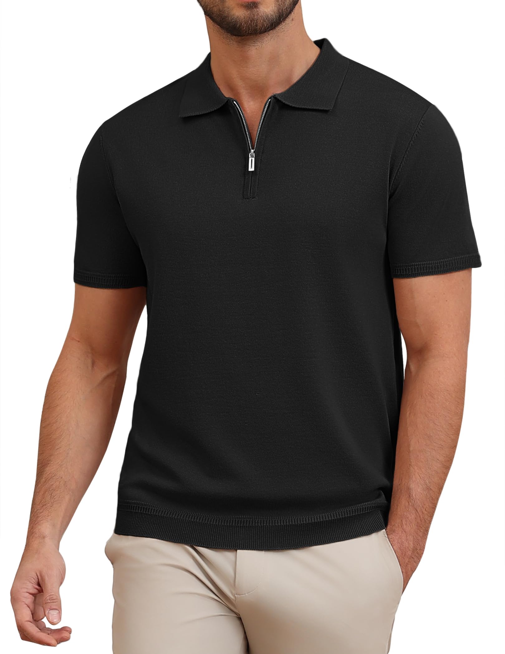 COOFANDY Men's Poloshirt Short Sleeve Zip Polo Shirt Knitted